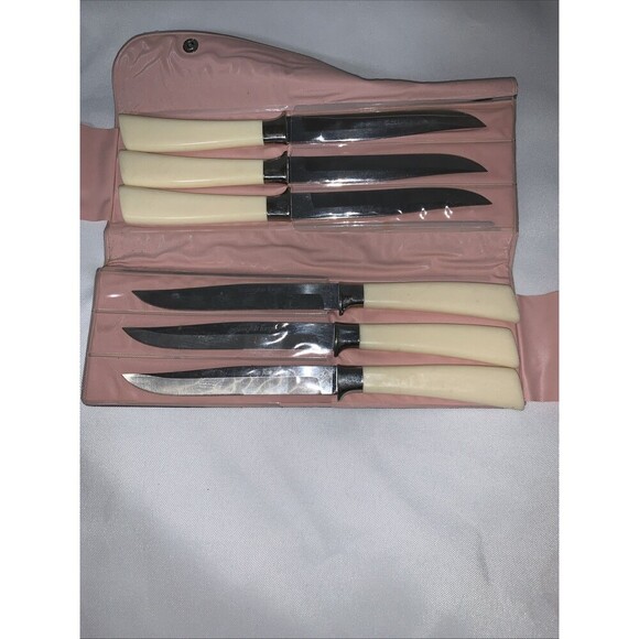 Vintage WASHINGTON FORGE 6 Steak Knife Set Stainless Butterscotch - Picture 2 of 9